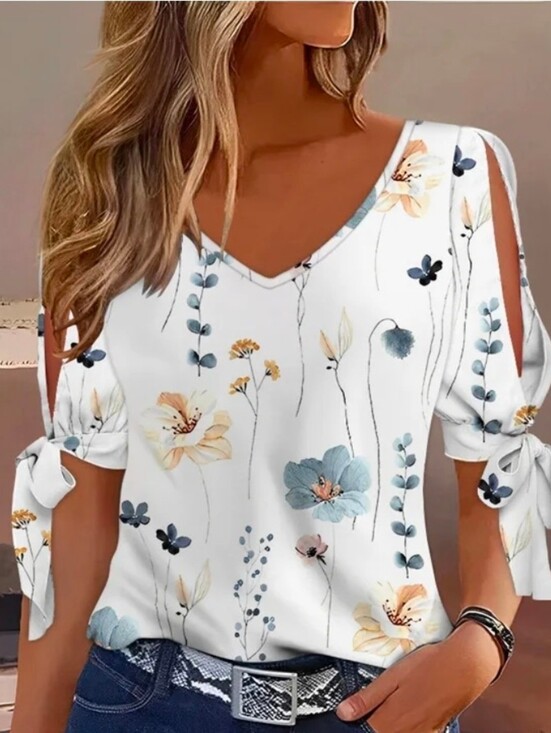 Tops - Floral Tie-Sleeve V-Neck Top in White